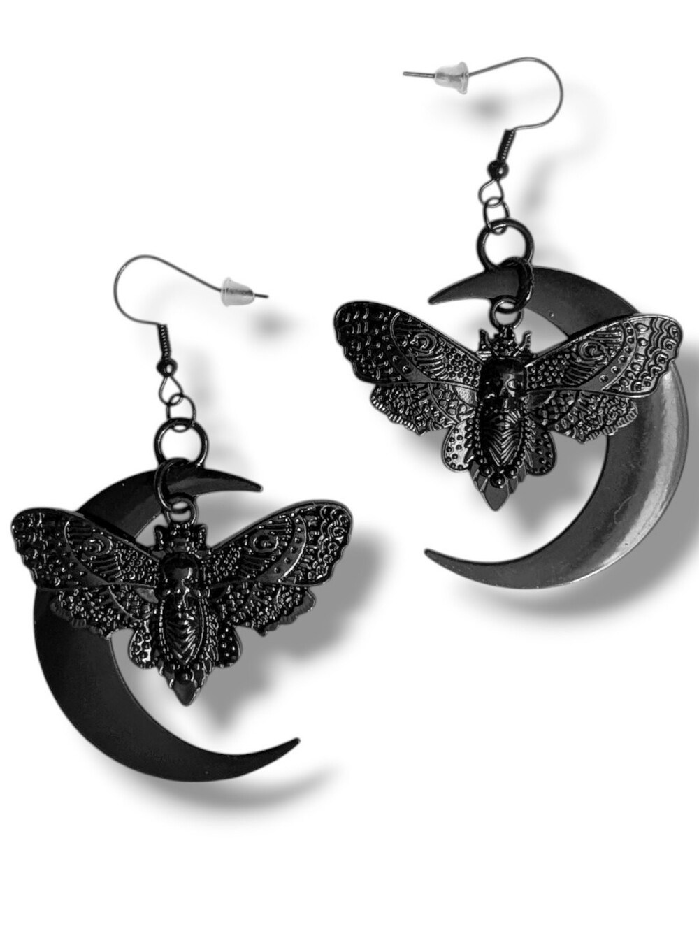 NWT Handmade Black Crescent Moon Black Death Moth Layered Earrings